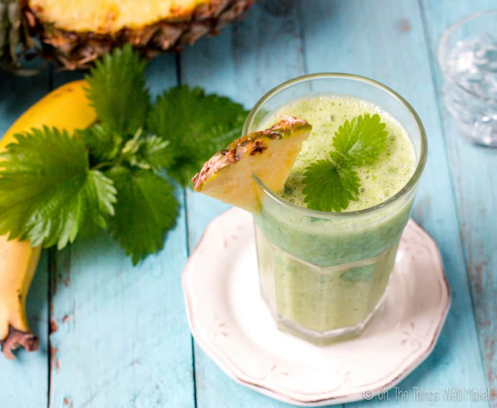 overhead view of a green smoothie made with nettles, garnished with nettle leaves and next to a banana and pineapple