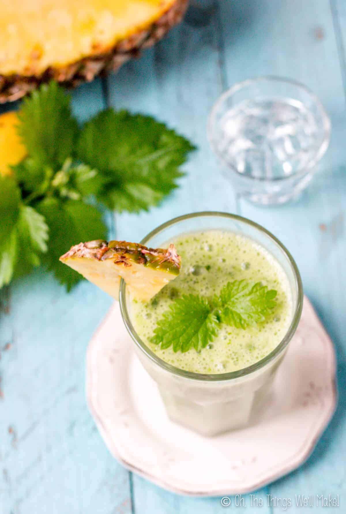 photo of stinging nettle smoothie next to nettle leaves and pineapple