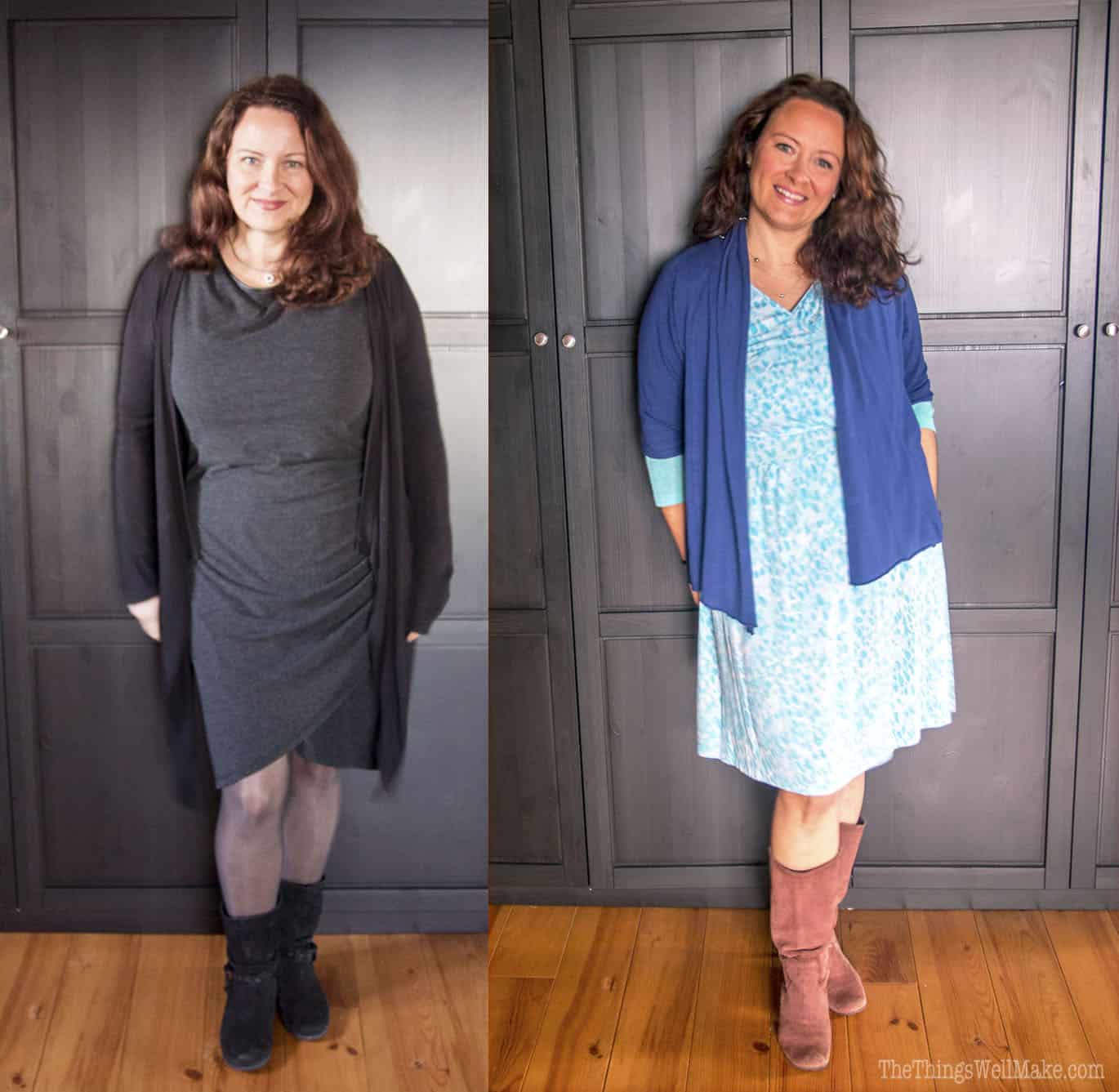 Side by side photos of a woman. On the left, she is dressed in black and gray. On the right, she is dressed in lighter, brighter colors.