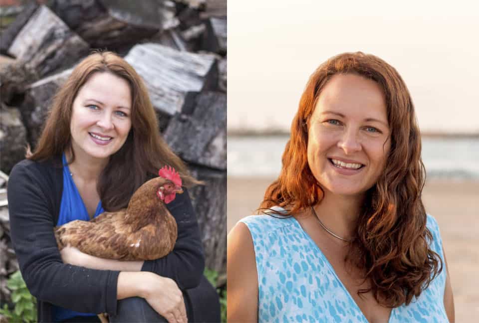 Side by side photos of a woman. On the left, she's wearing black and bright blue and holding a hen. On the right, she's wearing lighter colors and wears her hair in waves.