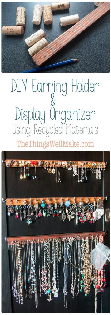 Using recycled materials like scraps of wood and wine corks, you can make a handy DIY earring holder for studs and post earrings that is also a beautiful and practical display organizer.