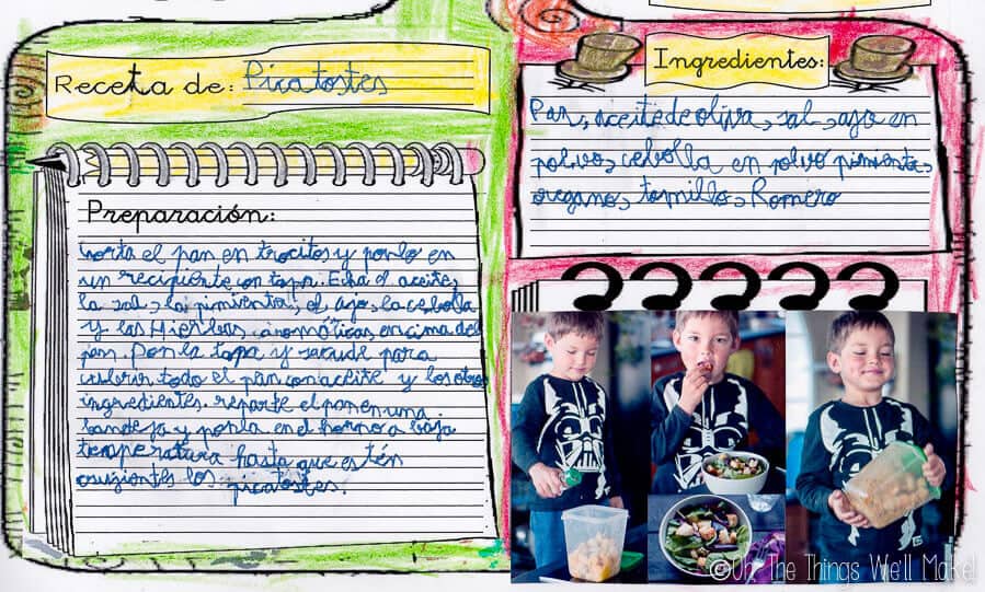A little boy's hand written recipe for croutons in Spanish with pictures of him making them