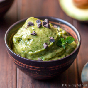 Closeup of a bowl of mint chocolate chip nice cream