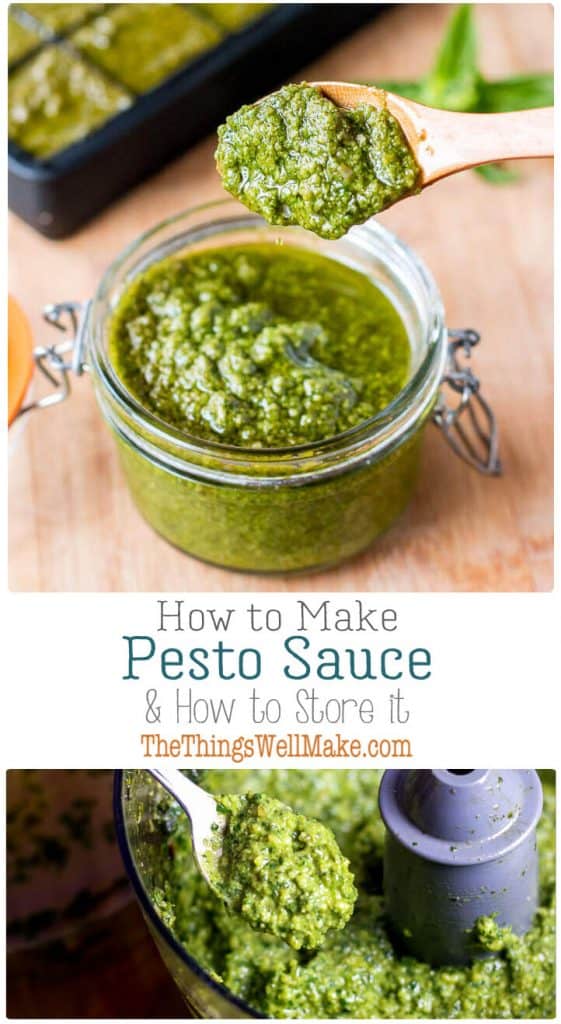Our favorite no-cook sauce is easy to make and full of flavor. I'll show you how to make pesto sauce and how to store it. #pesto #sauce #basil