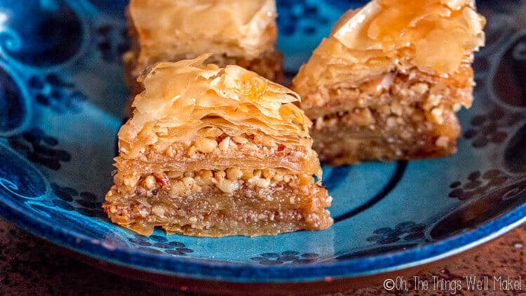 closeup of baklava on a place showing its layers.