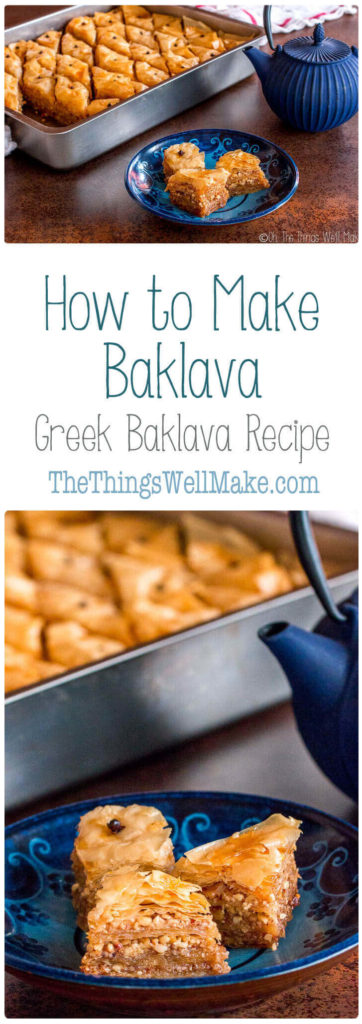photo collage showing baklava on a plate in front of a pan of baklava