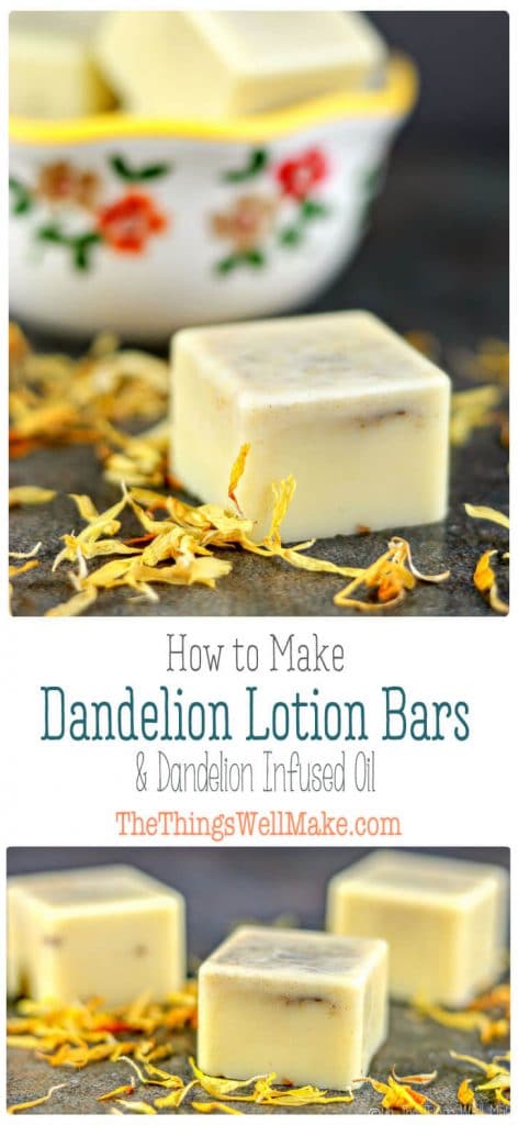 Infused with dandelion to sooth irritated skin, these homemade lotion bars are a convenient, non-messy way to moisturize your skin. #lotionbars #DIY #natural #dandelion #lotion