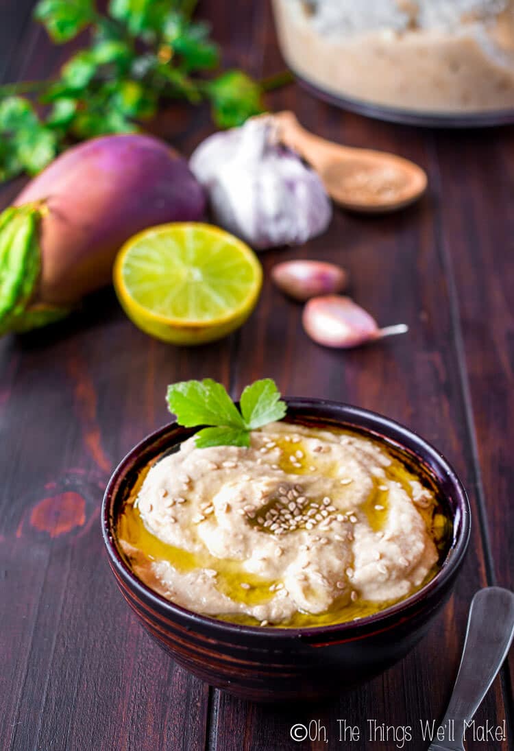 A small bowl of baba ganoush in from on the ingredients