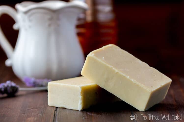 Gentle on the skin, and with a nice, creamy lather, this goat milk soap with honey is one of my favorites. Learn the techniques of making soap with both milk and honey with this recipe. #soap #goatmilk #honey #fromscratch