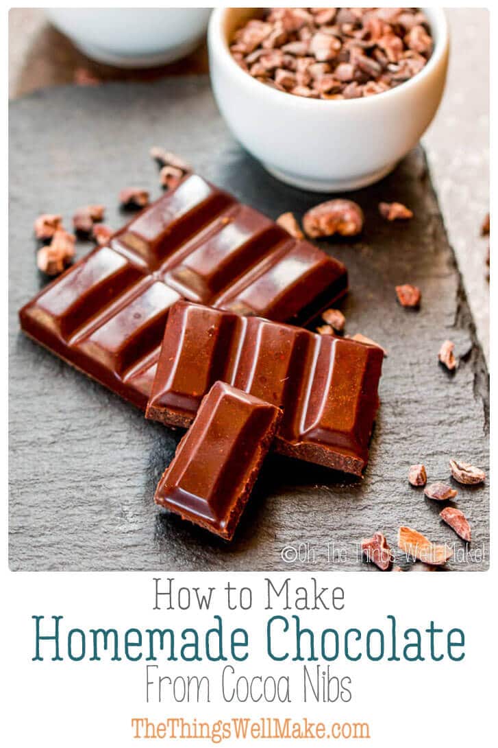 Avoid emulsifiers and other unwanted ingredients and control the process by making your own homemade chocolate bars from cocoa nibs. #chocolate #cacao #cocoa