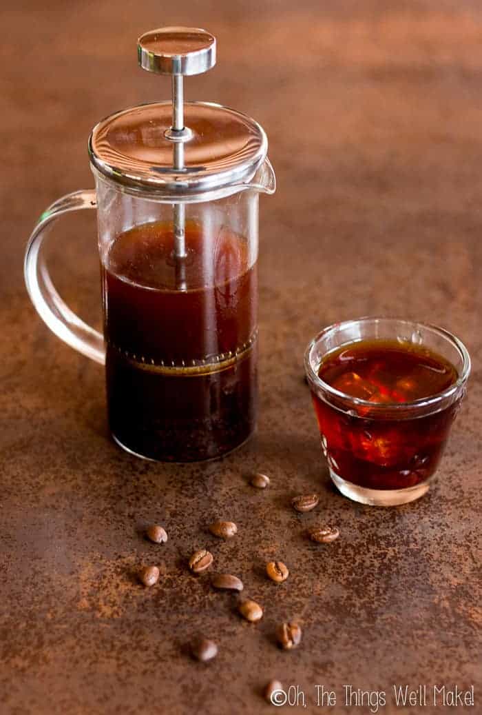 Cold brew coffee being made in a french press