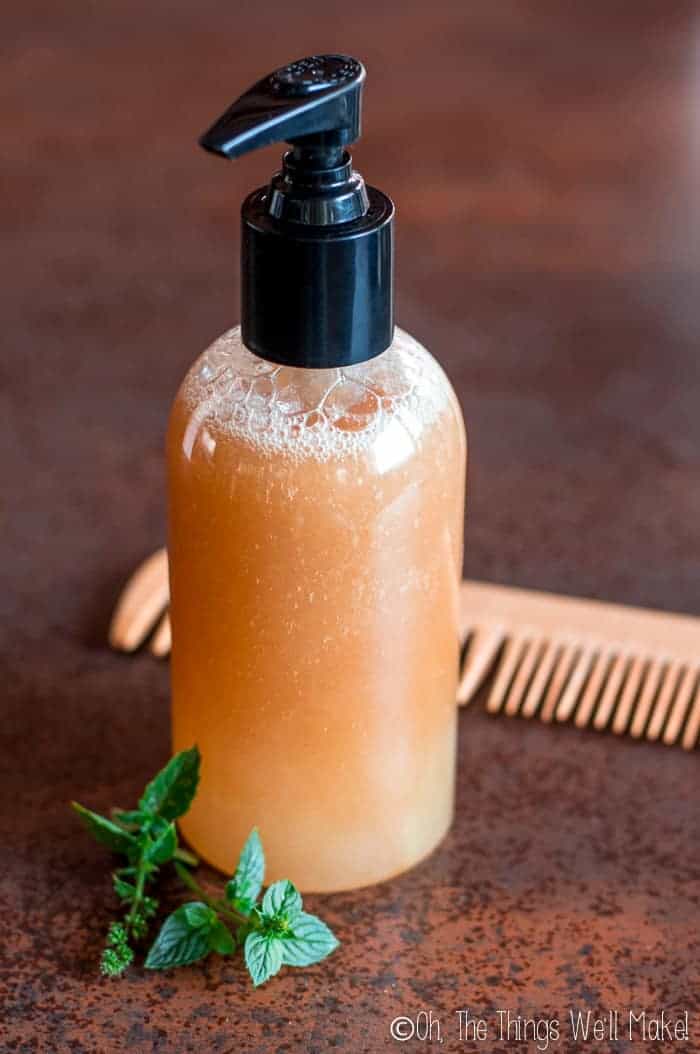 Photo of homemade peppermint clarifying shampoo in a pump bottle. 
