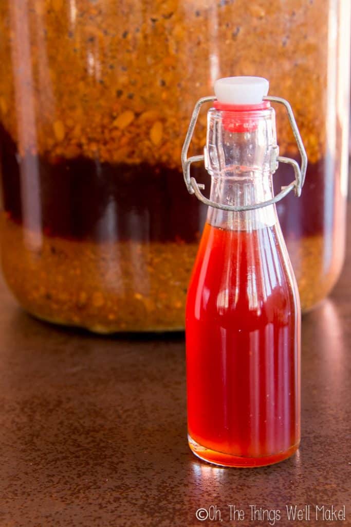 A bottle of homemade shoyu that was strained after around 6 months.