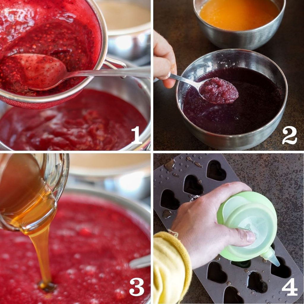 Four-step collage showing how to make homemade gummies: straining fruit purée to remove seeds, preparing gelatin, adding honey, and filling heart-shaped silicone molds with the gummy mixture.