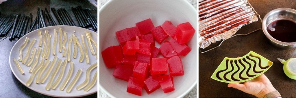 Different ways to shape homemade gummies: gummy worms made using drinking straws, red gummies cut into squares, and gummy worm molds alongside an aluminum foil-lined oven rack.