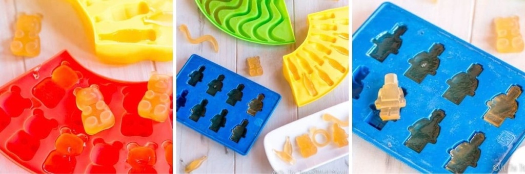 Homemade gummies in different shapes, including gummy bears, LEGO figures, and gummy worms, displayed alongside colorful silicone candy molds.