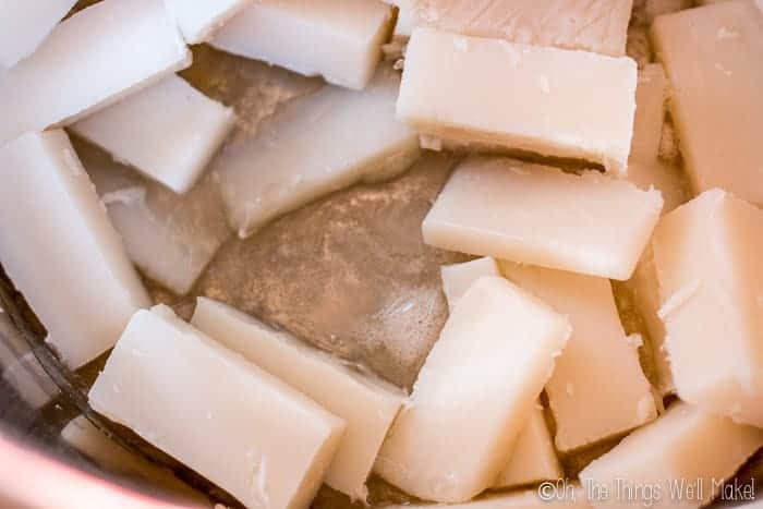 Beginning to melt some of the bars of soap in a slow cooker.