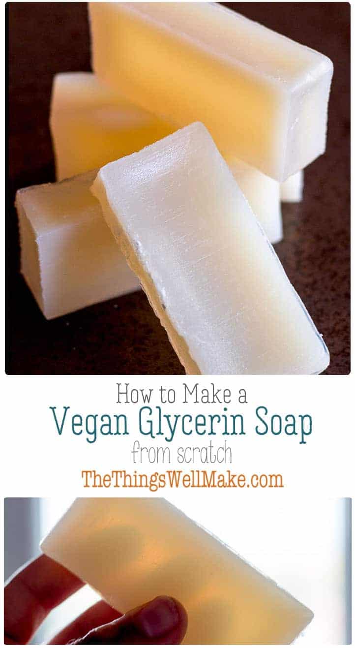 An alternative to glycerin soaps made with lard or tallow, this vegan glycerin soap recipe uses coconut oil instead to make a hard bar of soap with lots of lather and great cleansing ability.#thethingswellmake #miy #vegan #soap #soaps #coconutoil #glycerin #glycerinsoap #glycerinesoap #soapmaking #soaprecipes