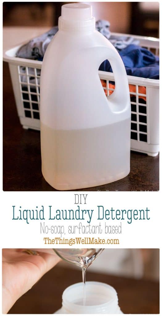 Save money while you avoid the synthetic fragrances and other additives in commercial laundry detergents by learning how to make a DIY laundry detergent at home. #thethingswellmake #MIY #laundry #detergent #surfactants #wash #laundrydetergent #washing #naturalcleaning #naturalcleaningproducts #naturalsurfactants #cleaning #stainremover