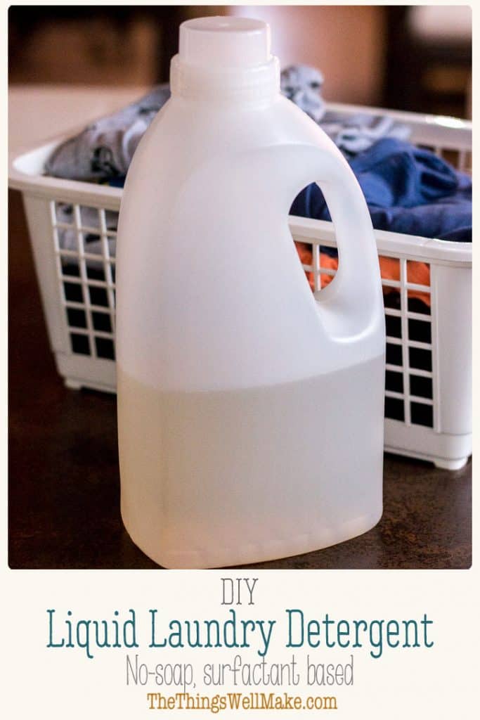Save money while you avoid the synthetic fragrances and other additives in commercial laundry detergents by learning how to make a DIY laundry detergent at home. #thethingswellmake #MIY #laundry #detergent #surfactants #wash #laundrydetergent #washing #naturalcleaning #naturalcleaningproducts #naturalsurfactants #cleaning #stainremover
