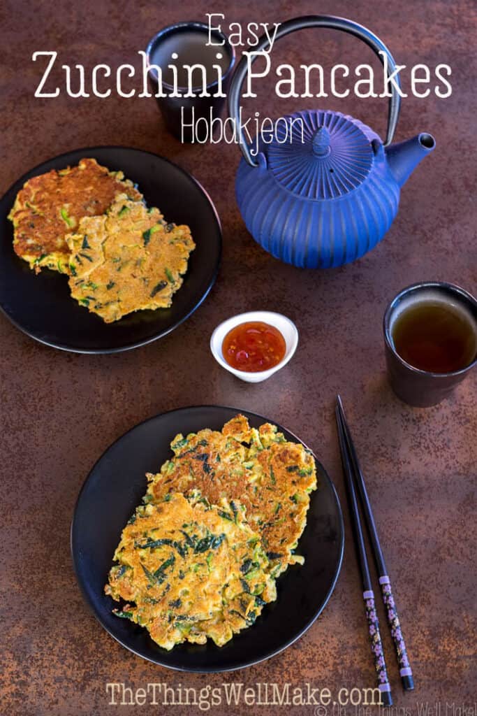 Perfect as a side dish or a light meal, these easy zucchini pancakes, also known as hobakjeon, have become one of my favorite tasty ways to use up excess zucchini. #thethingswellmake #miy #zucchinipancakes #zucchini #zucchinirecipes #savorypancakes #vegetables #paleo #paleorecipes #koreanrecipes #koreancuisine #sidedishes
