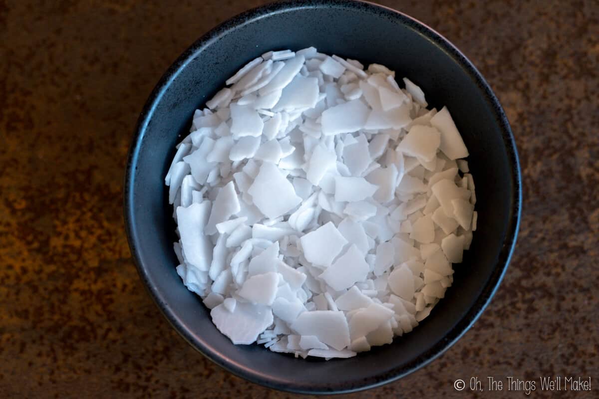 Overhead view of potassium hydroxide flakes