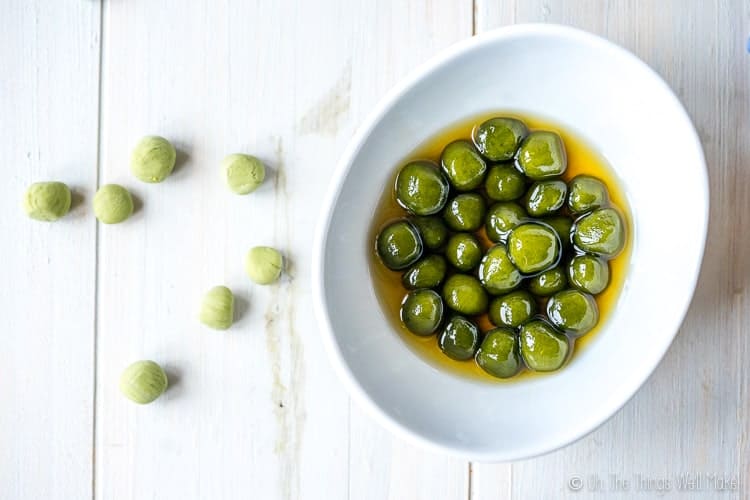 Homemade green boba in a white bowl