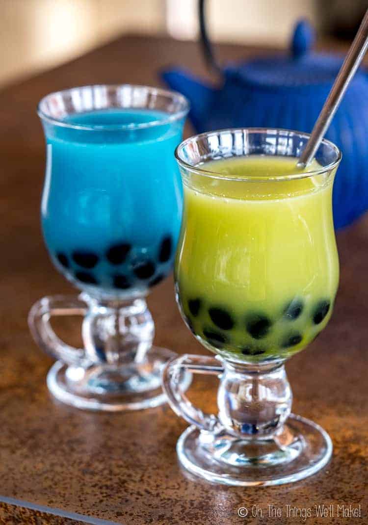 Blue and green bubble tea with homemade black boba.