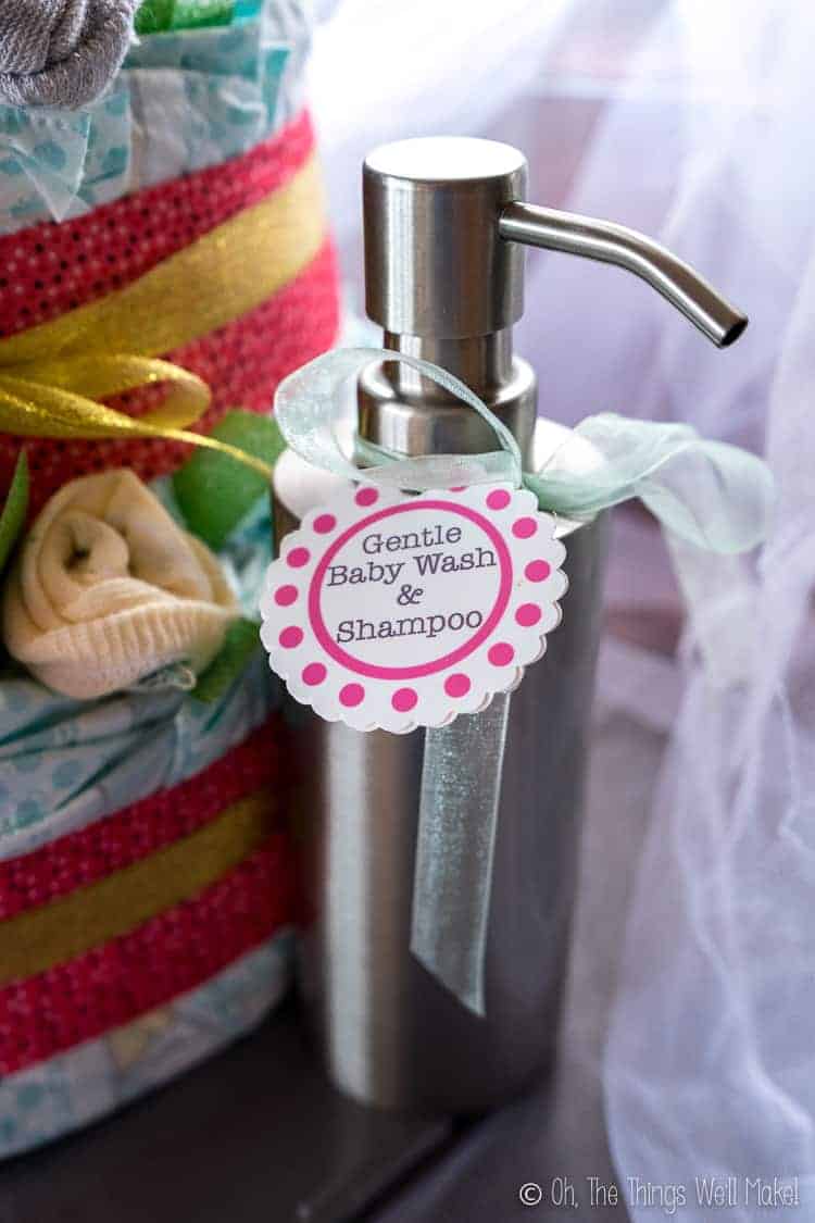 Homemade baby wash and shampoo in a stainless steel pump dispenser 