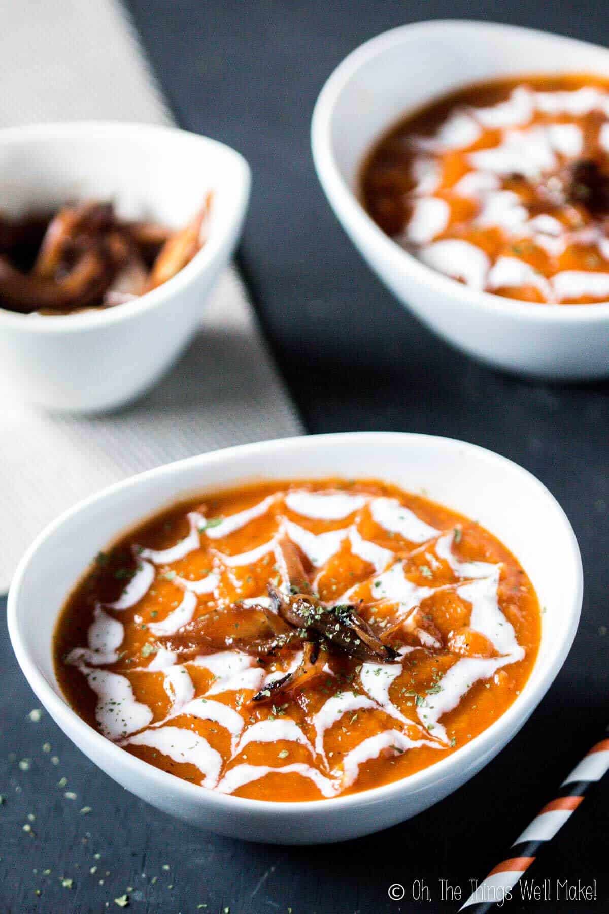 Roasted Pumpkin Soup with Red Peppers and Caramelized Onions