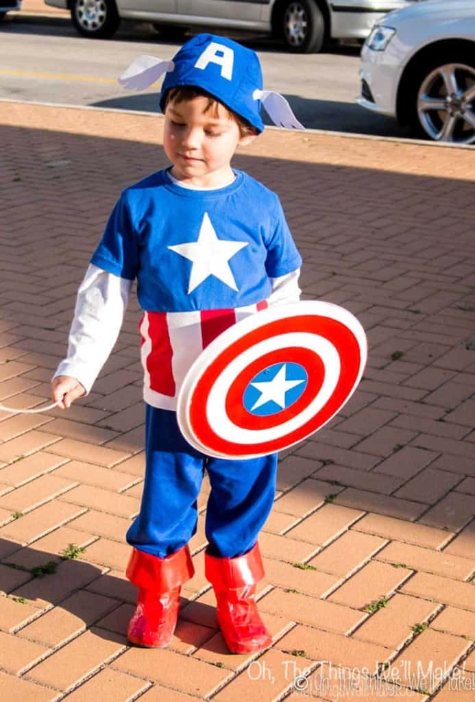A young boy in a homemade Captain America Costume