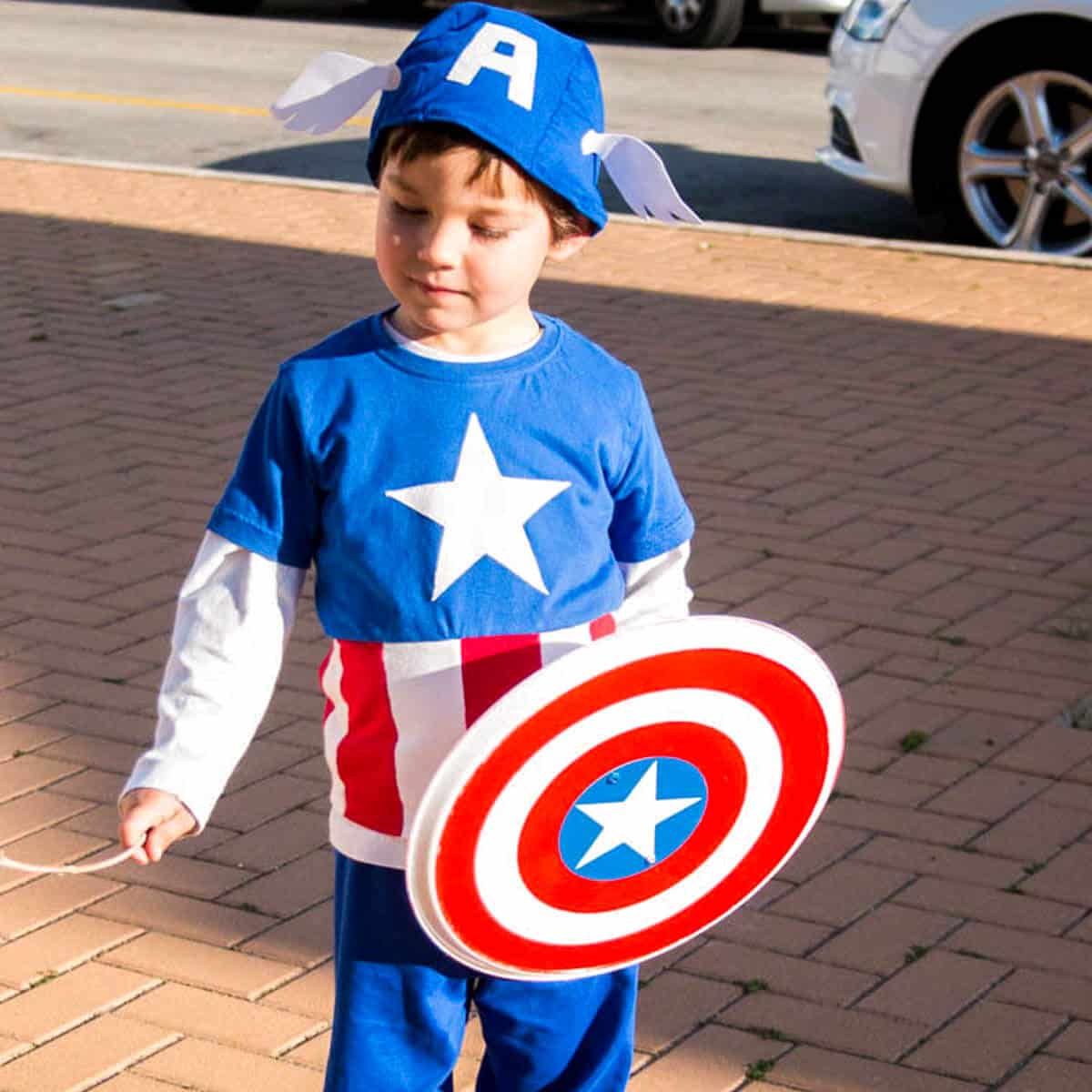 Boy wearing a homemade Captain America costume