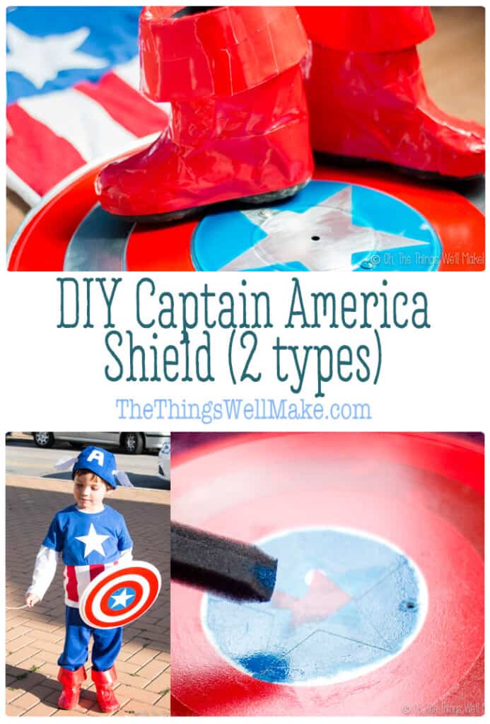 Making a superhero costume couldn't be complete without the right props! Find out how to make a Captain America shield easily by repurposing inexpensive items. #captainamericashield #captainamerica #supeherocostume #thethingswellmake #halloween #captainamericacostume #homemadecostume #costumeideas #diycostume #halloweencostume #DIYSuperheroCostume