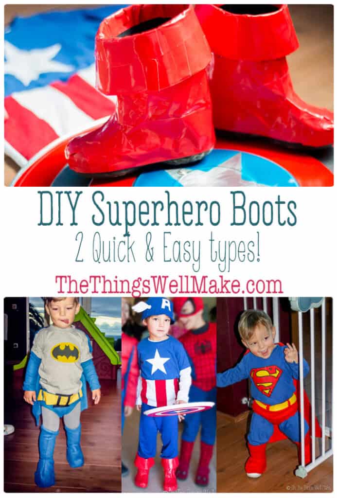 No homemade superhero costume would be complete without some DIY superhero boots. I'll show you two quick and easy methods to make costume boots in a flash. One uses duct tape and the other uses polar fleece. #halloween #costumeideas #homemadecostume #diycostume #halloweencostume #SuperheroCostume #SuperheroBoots #DIYSuperheroCostume #DIYCostumeBoots #thethingswellmake #miy