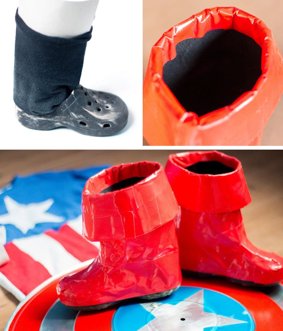 Cardboard tube inside a black sock and Crocs-style shoe, taped upper edge, and finished red duct tape boots with flared cuffs.