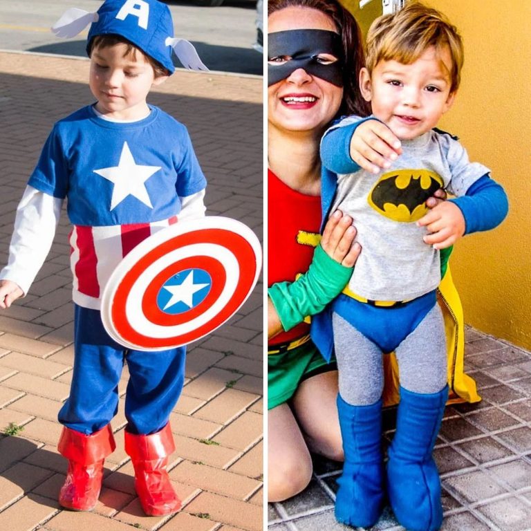 Homemade Captain America costume with red duct tape boots and Batman costume with black fleece boot covers.