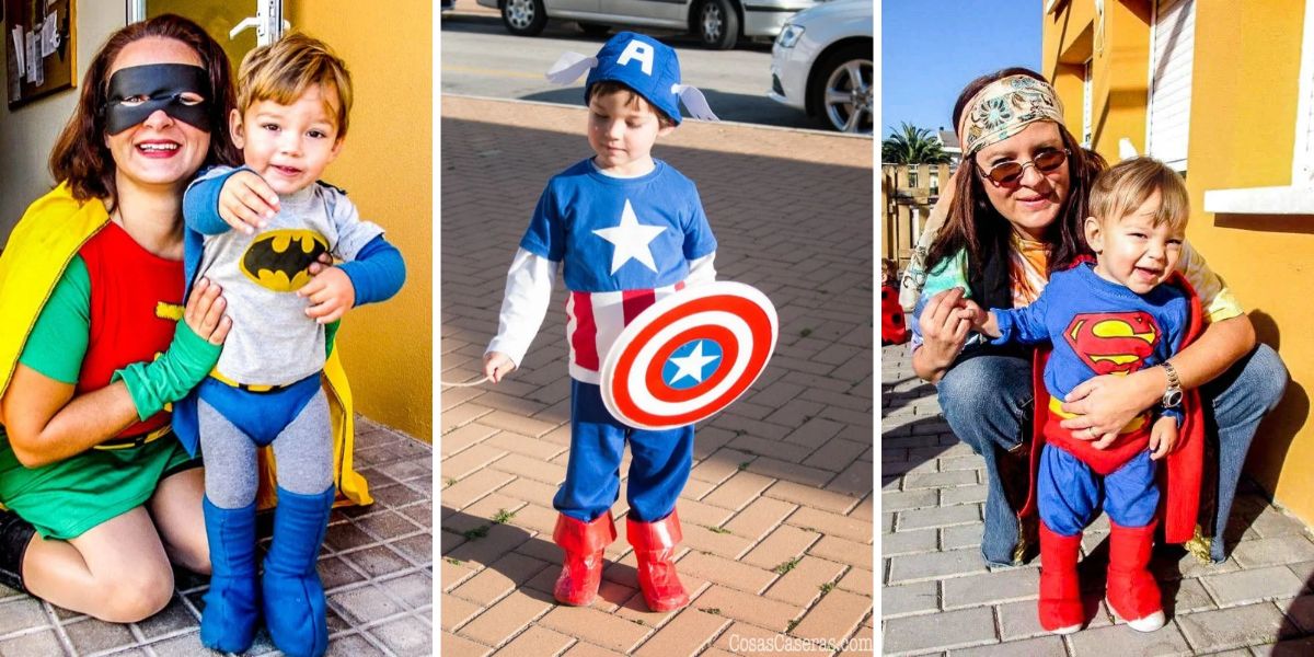 Homemade Batman, Captain America, and Superman costumes with matching fleece boot covers or duct tape boots.