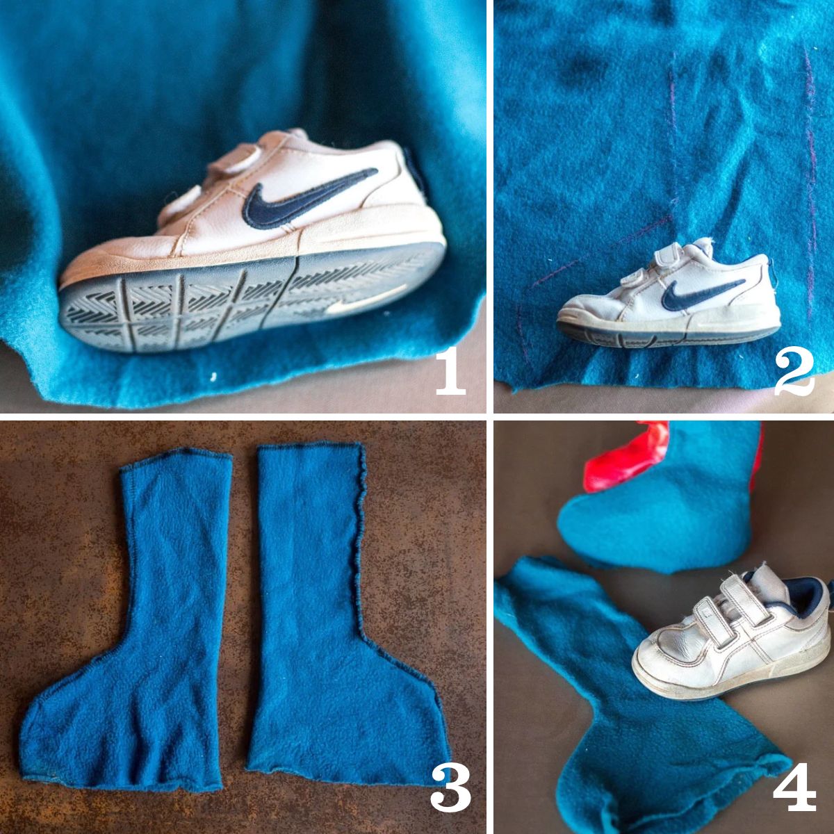 Four steps for making fleece boot covers: sizing around a shoe, drawing the boot shape, sewing the front and back seams, and turning the covers right side out to wear over shoes.
