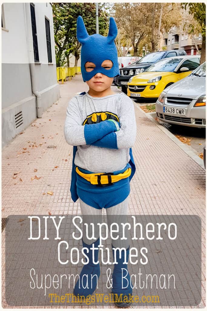 Need a last-minute Halloween costume, or just want to make an easy superhero costume? These homemade batman and superman costumes can be whipped up in a couple of hours (or less). #halloween #costumeideas #homemadecostume #diycostume #halloweencostume #SuperheroCostume #DIYSuperheroCostume #thethingswellmake #miy #batmancostume #supermancostume