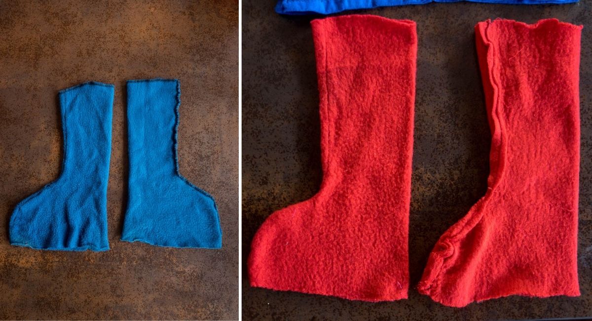 Blue and red fleece superhero boot covers laid flat, showing the handmade boot shapes for Batman and Superman costumes.
