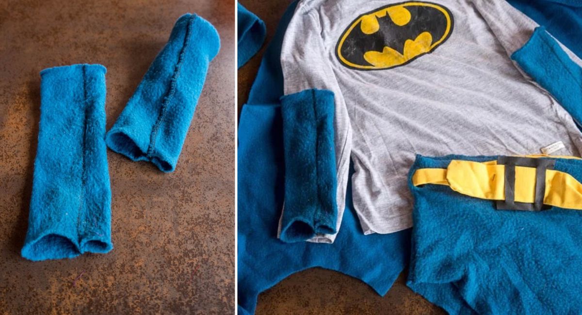 Homemade blue fleece fingerless superhero gloves shown close up and alongside the pieces of a DIY Batman costume.