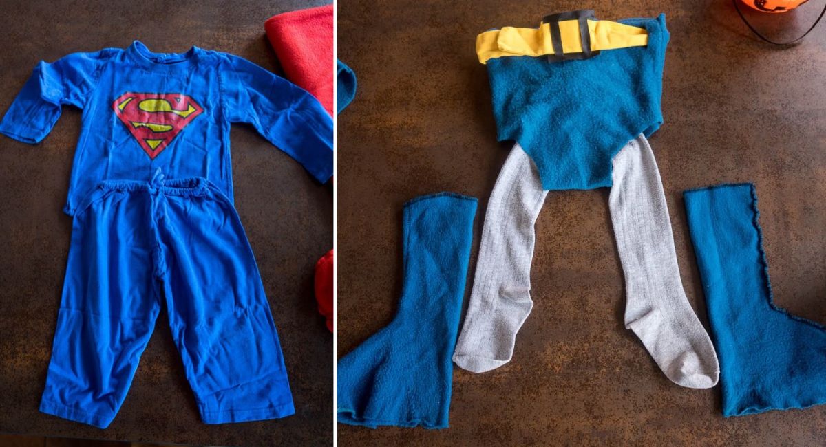 Homemade blue Superman shirt and pants made from an old T-shirt, alongside gray tights, blue fleece boots, and trunks for a Batman costume.