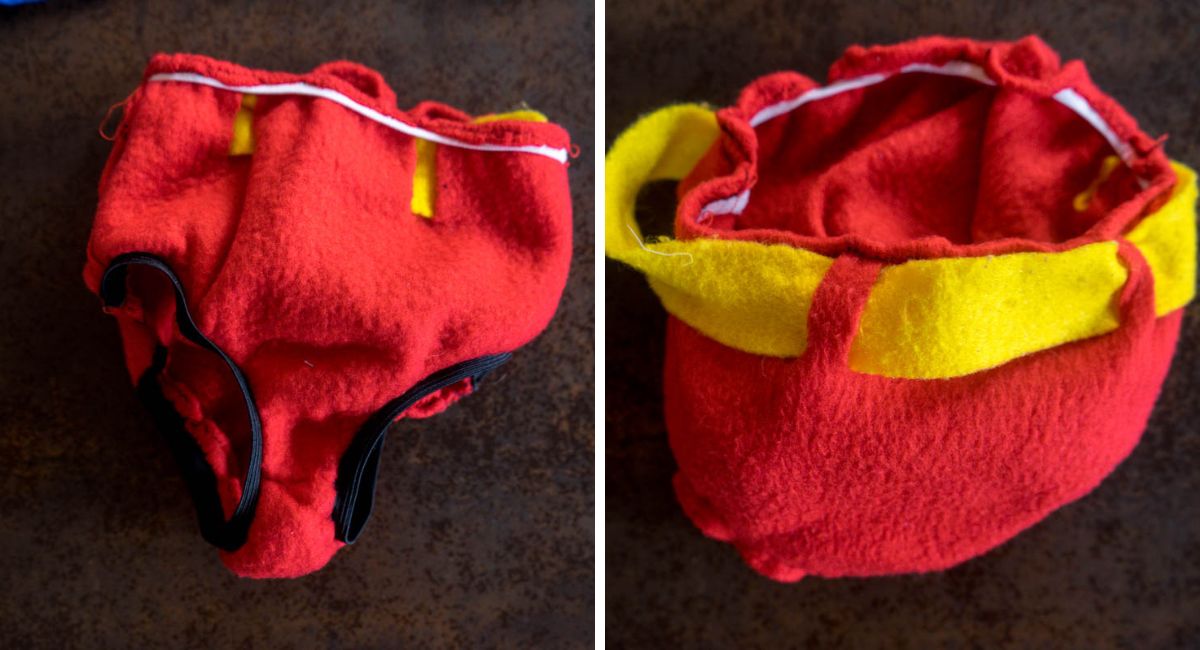 Two views of homemade red fleece Superman trunks, showing the yellow belt and elastic sewn around the waist and leg openings.