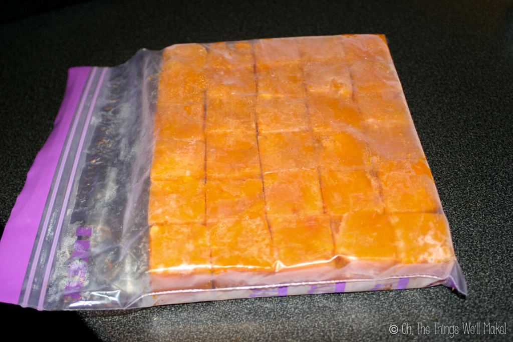 cubes of frozen pumpkin puree in a plastic bag