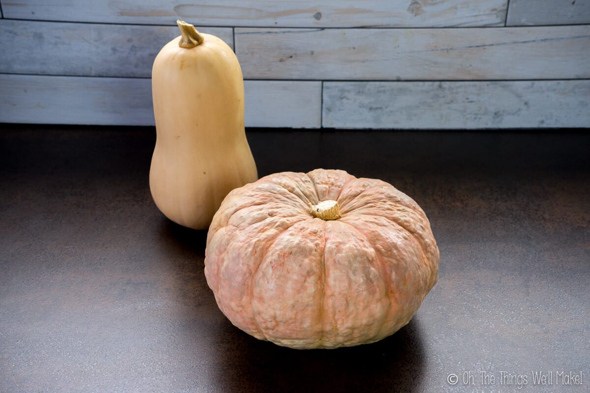 Two different types of pumpkins: a round, light orange pumpkin in front of a light yellow butternut squash.