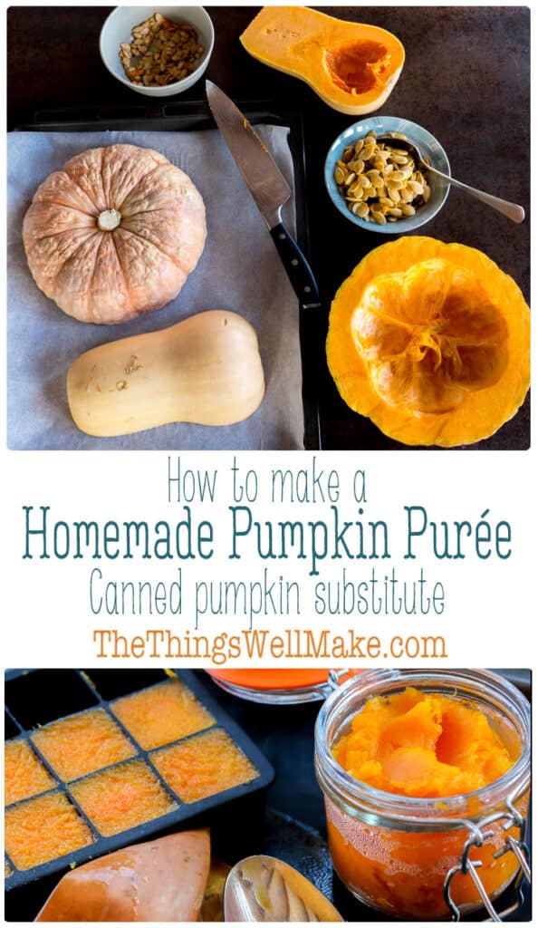 Why use canned pumpkin when it's super easy to make pumpkin puree as a healthier, tastier canned pumpkin substitute? Learn several ways to make and use a homemade pumpkin purée, and how to store it. You can cook by roasting, baking, or steaming. #pumpkinpuree #nocans #miy #pumpkinrecipes #thethingswellmake #miy #pantrybasics #fromscratch