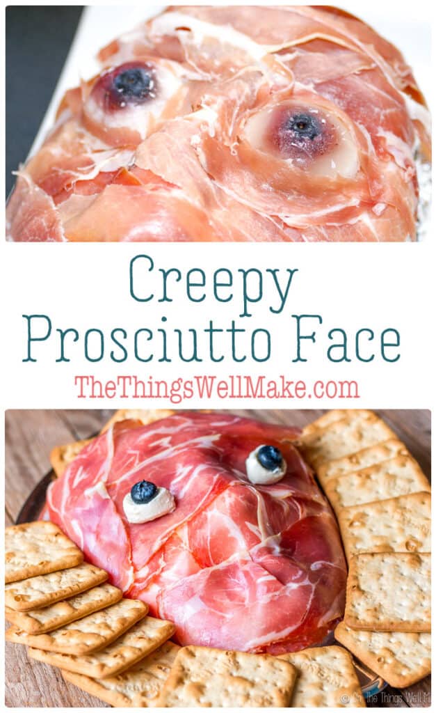 A healthier alternative to sugar-laden treats, this creepy prosciutto face makes a creative antipasto platter and is a fun addition to any Halloween party food lineup. #Halloween #Halloweenfood #thethingswellmake #miy #antipasto #creepyHalloweenfood #halloweendinner