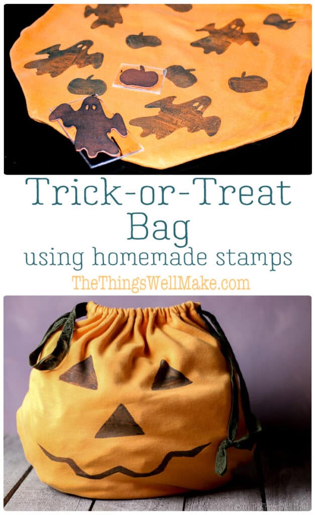 Upcycle an old t-shirt into a DIY trick or treat bag in a matter of minutes and then let the kids help decorate it with homemade craft foam stamps. We decorated ours with ghosts and pumpkins on one side and a jack-o'-lantern on the other side using fabric paint. #halloween #trickortreat #halloweencrafts #jackolanterns #upcycle #fabricstamp