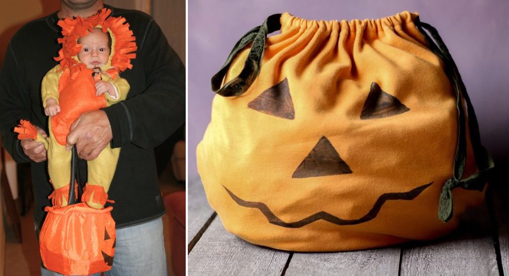 Two photos showing a baby dressed as a lion for his first Halloween and a homemade orange jack-o'-lantern trick-or-treat bag made from an old T-shirt.