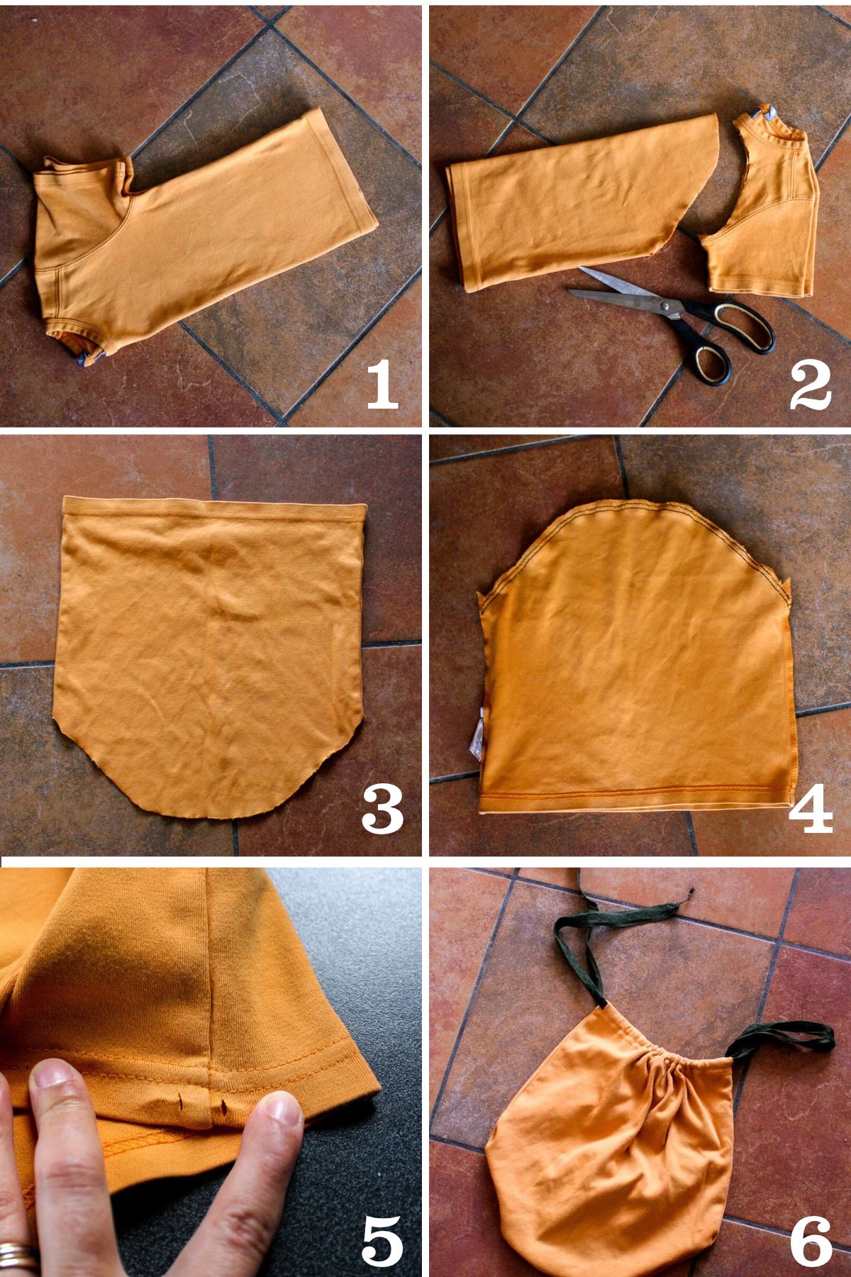 Six numbered photos showing how to make a Halloween trick-or-treat bag from an old orange T-shirt: folding, cutting, sewing, making openings in the hem, and adding a drawstring.